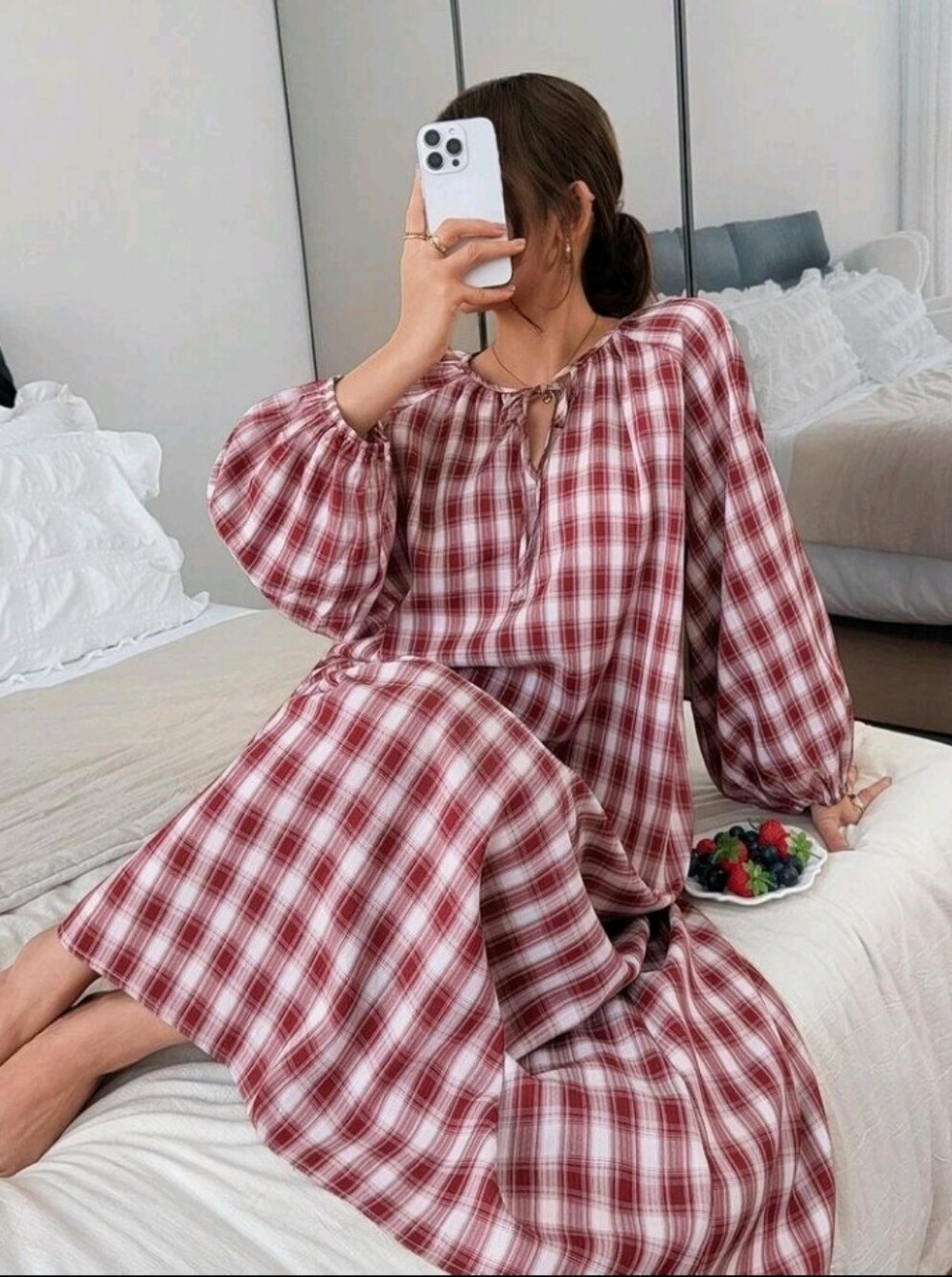 Women's Simple Versatile Plaid Tie Loose Fit Loungewear Dress Fall